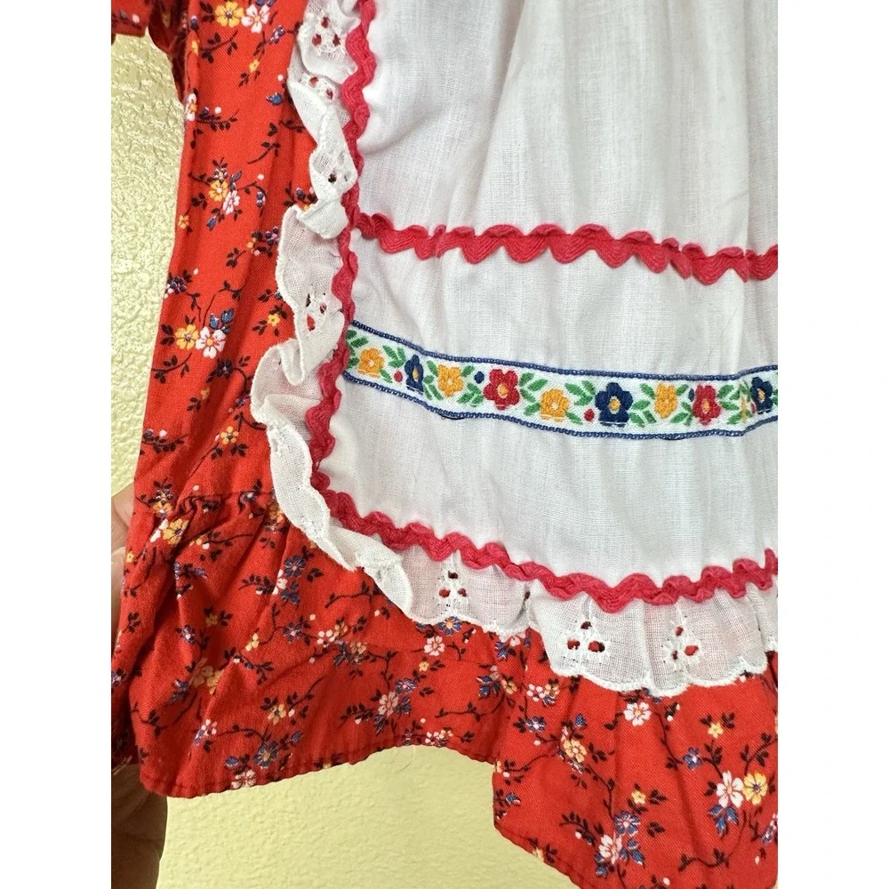 Vintage 1970 12m Girls Prairie Red Floral Dress Pinafore Embroidered 100% Cotton